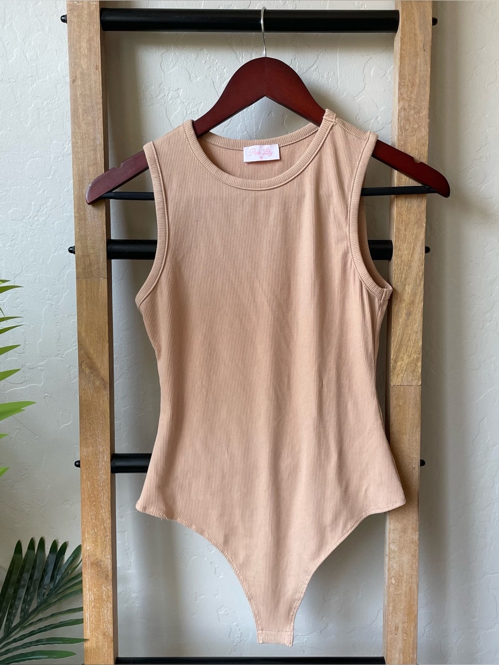 Pink Lily Sleeveless Ribbed Bodysuit - Beige